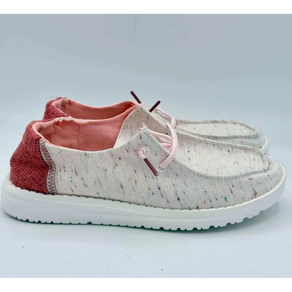 Hey Dude Wendy Confetti Pink Cream Speckled Slip On Moccasin Shoes Kids Size 5